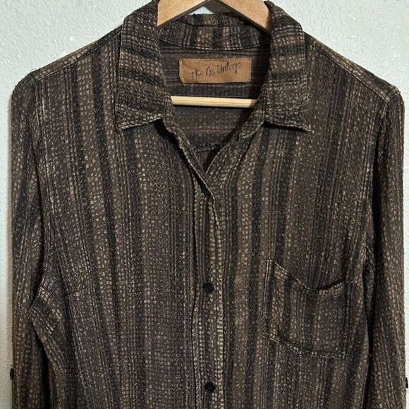 The Nu Vintage Button Up Tunic Shirt M Brown Textured Long Sleeve Stripe Boho - Picture 7 of 9